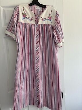 Coffee Time Embroidered Striped Button-Front Nightgown - Pink & White Large